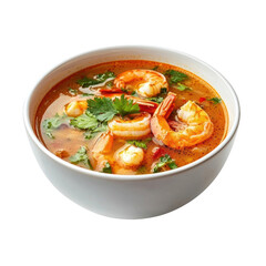 A delicious bowl of shrimp soup garnished with fresh herbs and spices, perfect for seafood lovers and comfort food enthusiasts. PNG, Transparent, No Background, Tom yum, Thai food
