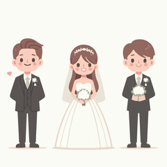 Marriage wedding couple set, cute newlywed bride and groom Flat illustration 