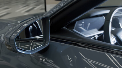 Fototapeta premium Close-up of the mirror of a sleek, modern car, highlighting its sophisticated design and attention to detail. Perfect for emphasizing luxury and style in the automotive industry.