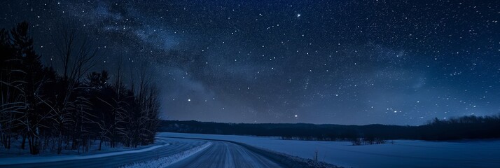 A breathtaking view of the star-studded sky above a serene, snow-covered road flanked by bare trees on a winter night in the countryside.