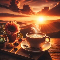 cup of coffee with flowers on the table in sun sets 