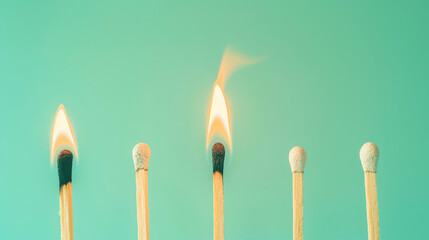 Group of different matches, some burning, pastel blue background, leadership, idea generation, teamwork. Generative AI