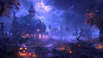 Obraz premium purple light effect Halloween house with pumpkins in forest