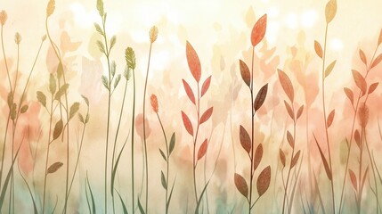Digital illustration of an autumn sunset over a serene meadow with colorful flora