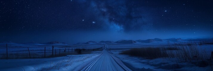A serene snowy road stretches under the blue tones of the starry night sky, offering a tranquil and magical winter scene.