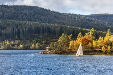 Autumn at Schluchsee in the Black Forest, a small sailboat sails along the shore of the lake,...