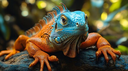 Fototapeta premium Blue and orange iguana resting on a rock in a vivarium