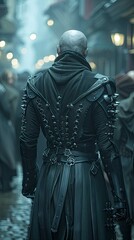 Naklejka premium Bald figure in dark, spiked leather armor in a misty alley