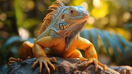 Fototapeta premium Large iguana posing on a rock in a tropical forest