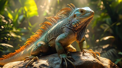 Naklejka premium Large iguana resting on a rock in the jungle