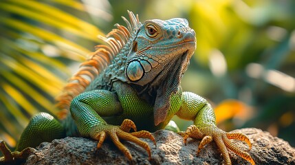 Obraz premium Green iguana resting on a rock is sunbathing in the jungle
