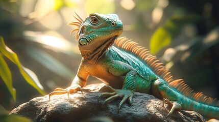 Fototapeta premium Green iguana posing on a rock in a tropical forest