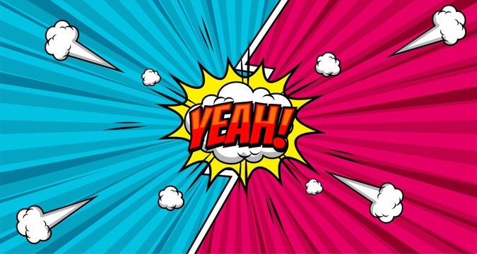 Yeah, yes, oh lettering. Comics book balloon. Bubble icon speech phrase. Cartoon font label tag expression. Comic text sound effects. Sounds vector illustration.