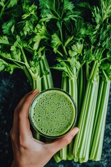 hand holding fresh green smoothie in a glass from pascal celery