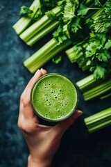 hand holding fresh green smoothie in a glass from pascal celery
