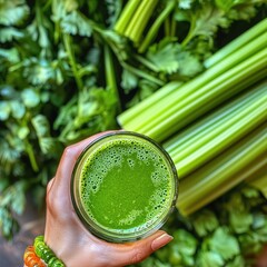 hand holding fresh green smoothie in a glass from pascal celery