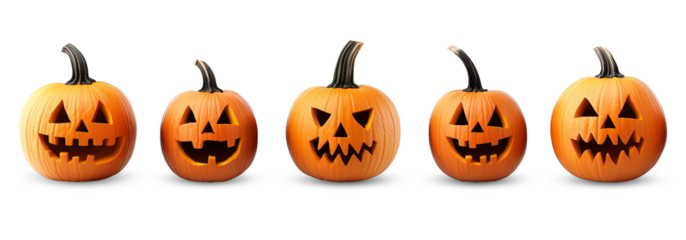 Set of five png Halloween pumpkins, Jack'O'Lanterns with carved creepy faces. Transparent background, decorations with light shadows.