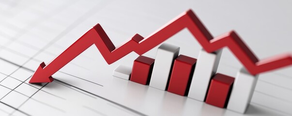 Red arrow showing downward trend on a 3D bar chart representing economic decline