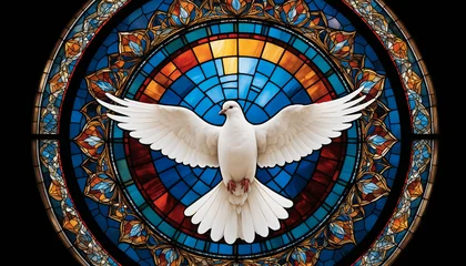 Fototapete Buntglas Colombe symbole paix vitrail rond religion christianisme catholisme.  © picpics