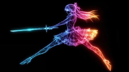 Neon Samurai Girl in Dynamic Combat Pose