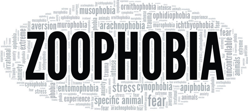 Zoophobia: Fear of Animals word cloud conceptual design isolated on white background.