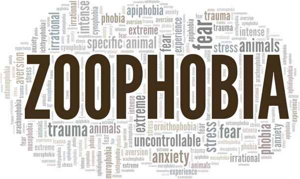 Zoophobia: Fear of Animals word cloud conceptual design isolated on white background.