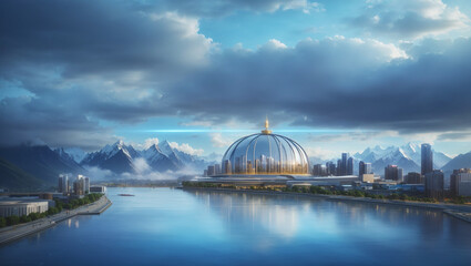 Fototapeta premium large building with a golden dome sits in front of a body of water and mountains in the distance. 