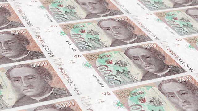 Spain Spanish Peseta 5000 Banknotes Money Printing House, Printing Five Thousand Spanish Peseta, Printing Press Machine Print out Spanish Peseta, Being printed by currency press machine 5000 Spanish 