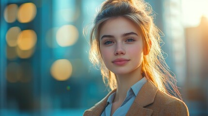 Obraz premium Beautiful young business woman outdoors with blurred defocused business center background