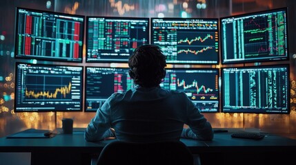 Rear view of a relaxing trader who is sitting in front of a trading station which consists of  screens with financial data. A concept of forex trading.