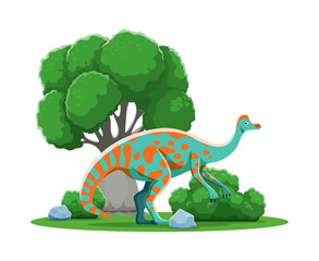 Jaxartosaurus cartoon prehistoric dinosaur character. Isolated vector ancient herbivore dino reptile animal in natural environment with a tree, rocks and green plants. Late Cretaceous era lizard