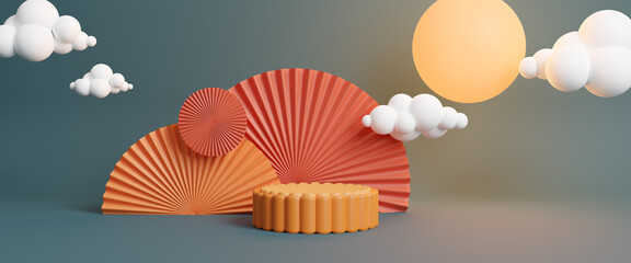 Happy Chinese new year 2024 or Mid Autumn festival display podium background with full moon or mooncake, red paper hand fan umbrella, lantern and cloud. Holiday design. 3D rendering illustration © Nuchjaree