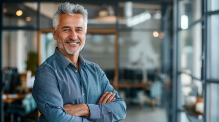 Obraz premium Smiling handsome businessman with crossed arms in modern office, middle-aged gray-haired man exuding confidence, business success concept.