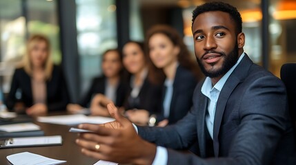 Professional businessman leading a meeting, with colleagues attentively listening to his presentation