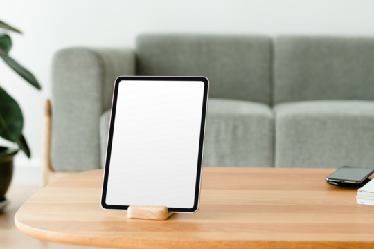 Digital tablet png screen mockup on a wooden table