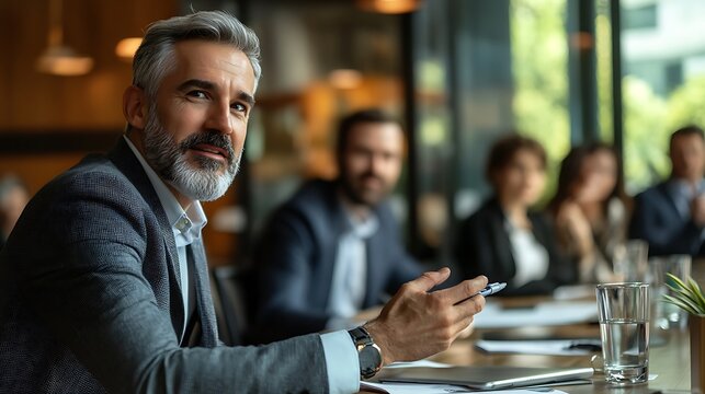 Professional businessman leading a meeting, with colleagues attentively listening to his presentation