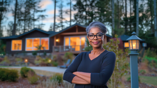 portrait of an african american senior person in a park; wooden small rental houses in forest; woman in her 60s; retiring business owner; home in the nature; 