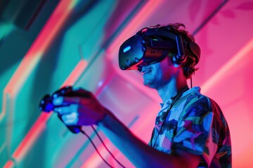 A gamer actively playing a VR game, surrounded by a vibrant gaming environment, action shots, colorful dynamic lighting. Horizontal