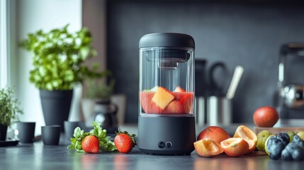 Compact portable blender on a kitchen counter, surrounded by various fresh fruits, ready for making healthy smoothies.