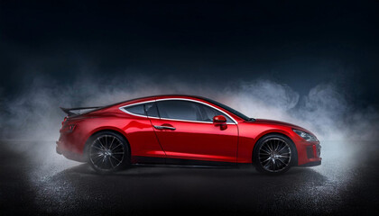 red luxury car on dark background with mist or fog