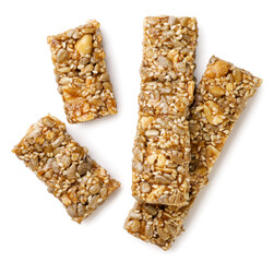 Kozinaki bars and two halves on a white background. Top view