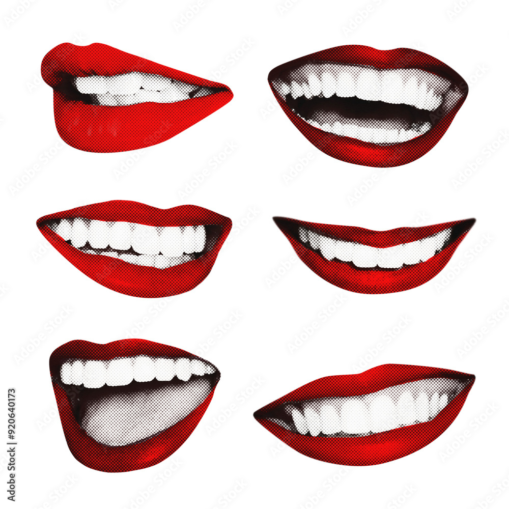 Canvas Prints red lips png sticker pop art set, smiling mouth, transparent background