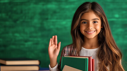 one brunette schoolkid in class; green chalkboard as a background; smiling 10 - 13 years old girl with textbooks; secondary school; hand up; copy space