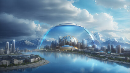 large building with a golden dome sits in front of a body of water and mountains in the distance. 