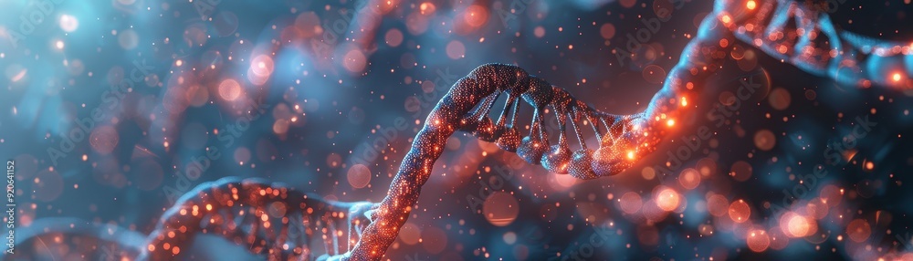 Wall mural close-up of glowing dna strand with bokeh effect in a futuristic scientific background