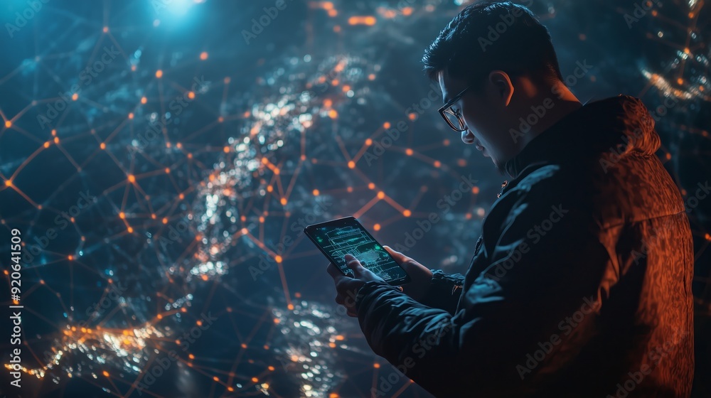 Poster person using a tablet while standing against a backdrop of a digital world map illuminated by networ