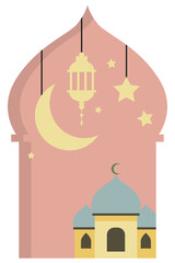 Png pink mosque design element with stars, crescent moon, and a lantern
