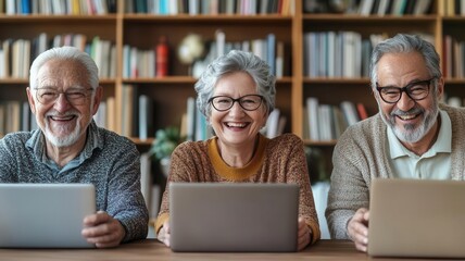 Happy seniors enjoying technology together, using laptops in a cozy library setting, showcasing friendship and connection.