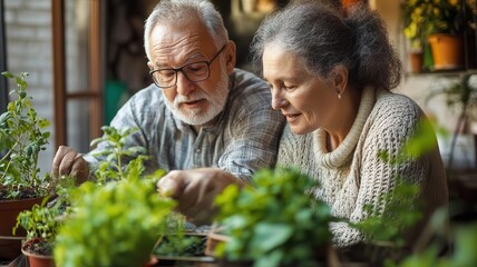 An elderly couple enjoying gardening together, surrounded by various plants in pots. A moment of connection and tranquility.