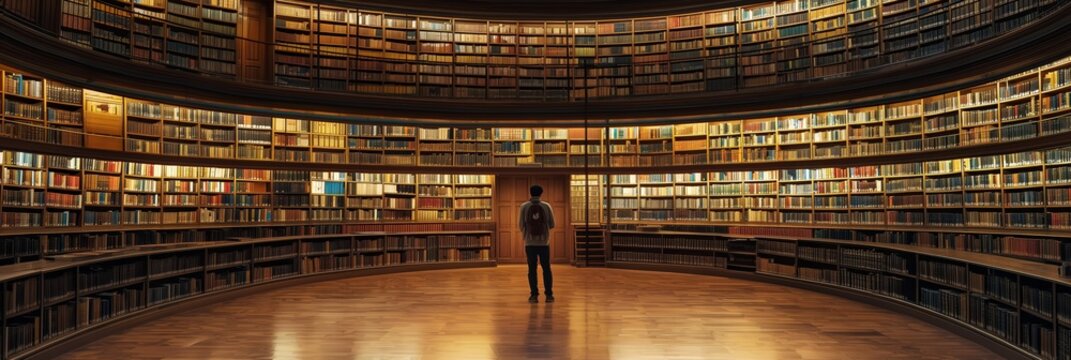 A person stands at the center of a large, circular library, surrounded by towering shelves filled with books, exuding knowledge and contemplation.